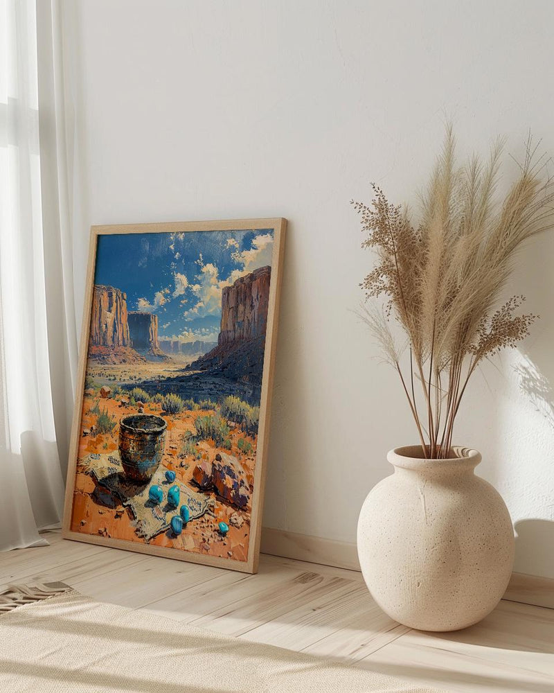 Navajo Artisan Jewelry Poster, Desert Red Rock Room Decor - Silver Turquoise Stone Summer View