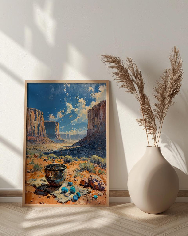 Navajo Artisan Jewelry Poster, Desert Red Rock Room Decor - Silver Turquoise Stone Summer View