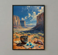Navajo Artisan Jewelry Poster, Desert Red Rock Room Decor - Silver Turquoise Stone Summer View