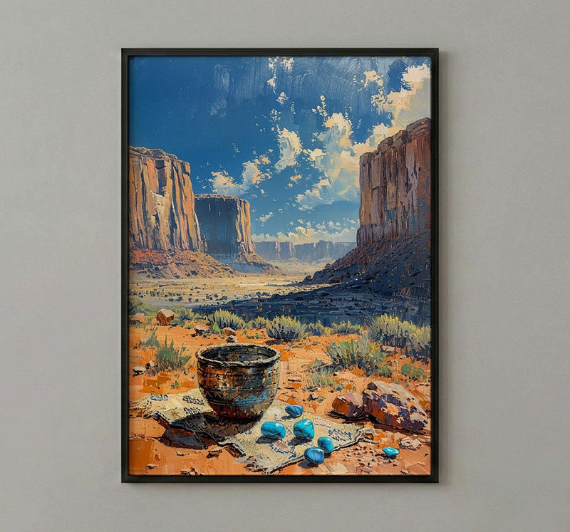 Navajo Artisan Jewelry Poster, Desert Red Rock Room Decor - Silver Turquoise Stone Summer View