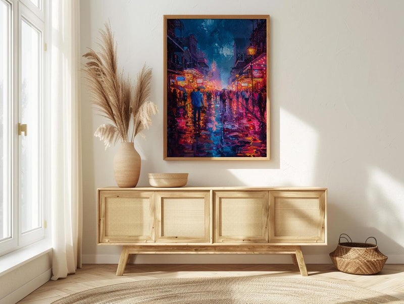 Bourbon Street Night Art Print, New Orleans Travel Decor - Glowing Neon Summer City Scene