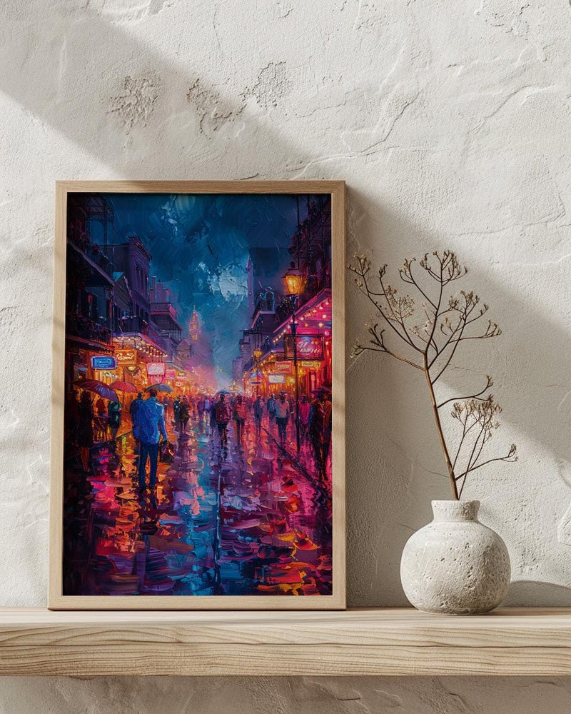 Bourbon Street Night Art Print, New Orleans Travel Decor - Glowing Neon Summer City Scene
