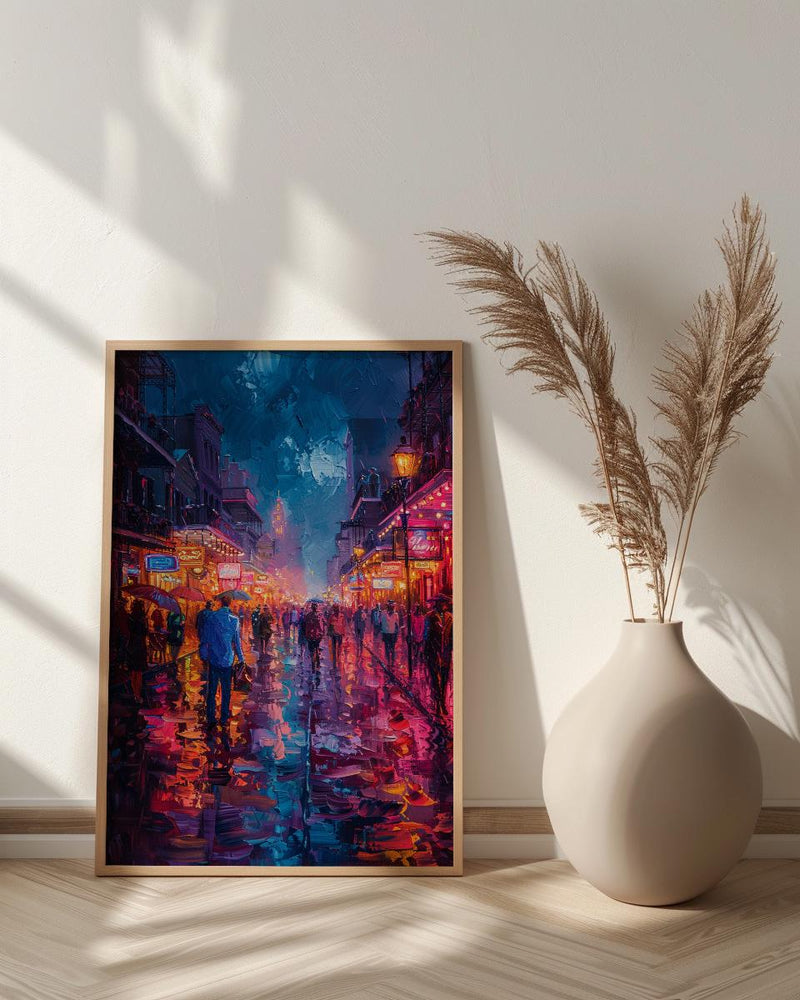 Bourbon Street Night Art Print, New Orleans Travel Decor - Glowing Neon Summer City Scene