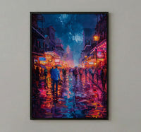 Bourbon Street Night Art Print, New Orleans Travel Decor - Glowing Neon Summer City Scene