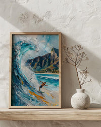 Hawaii Waikiki Beach Wall Art, Pacific Ocean Surfing Decor - Bright Blue Summer Wave Scene