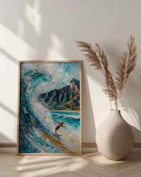 Hawaii Waikiki Beach Wall Art, Pacific Ocean Surfing Decor - Bright Blue Summer Wave Scene