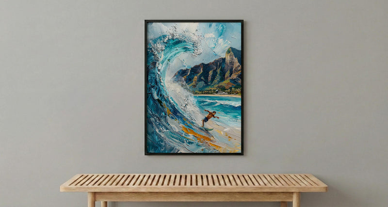 Hawaii Waikiki Beach Wall Art, Pacific Ocean Surfing Decor - Bright Blue Summer Wave Scene