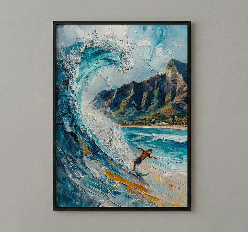 Hawaii Waikiki Beach Wall Art, Pacific Ocean Surfing Decor - Bright Blue Summer Wave Scene