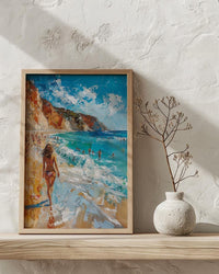 Malibu California Wall Art, Golden Coastal Ocean Beach Decor - Bright Crashing Summer Surf View