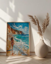 Malibu California Wall Art, Golden Coastal Ocean Beach Decor - Bright Crashing Summer Surf View