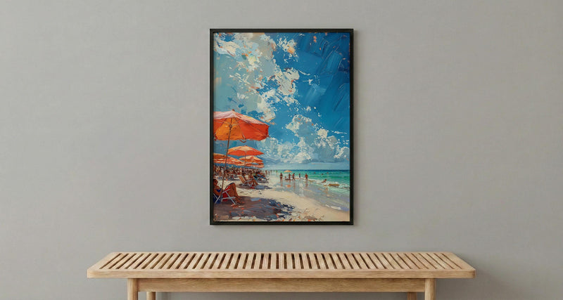 Florida Clearwater Beach Art Print, Pristine White Sand Decor - Colorful Umbrella Summer Ocean Scene