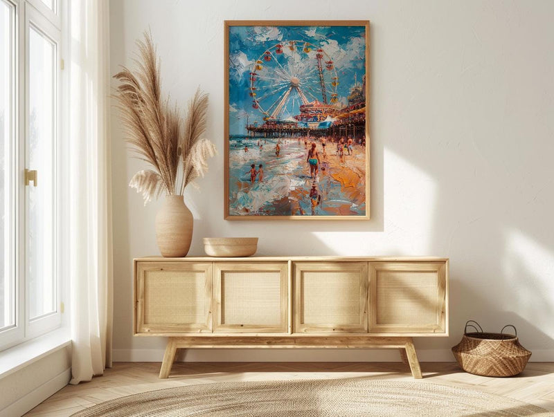 Santa Monica Pier Poster, Lively California Coast City Decor - Giant Ferris Wheel Summer Vibe