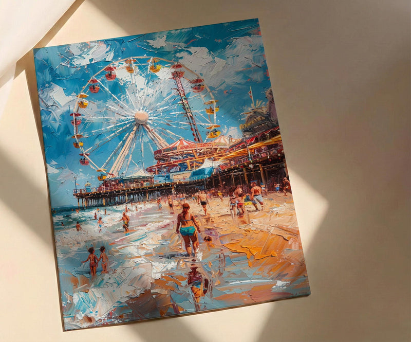 Santa Monica Pier Poster, Lively California Coast City Decor - Giant Ferris Wheel Summer Vibe