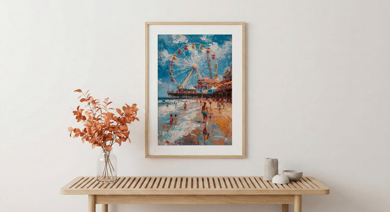 Santa Monica Pier Poster, Lively California Coast City Decor - Giant Ferris Wheel Summer Vibe