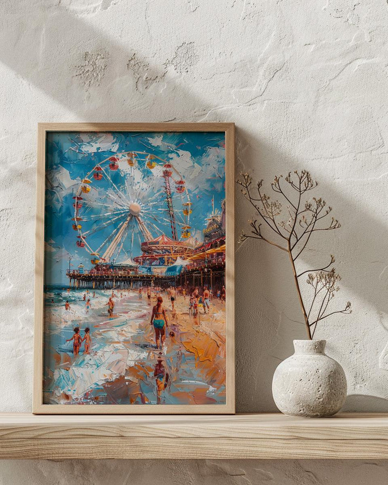 Santa Monica Pier Poster, Lively California Coast City Decor - Giant Ferris Wheel Summer Vibe