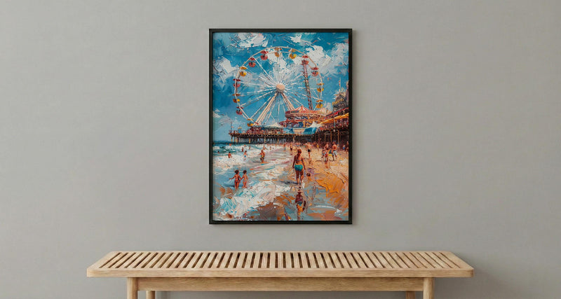 Santa Monica Pier Poster, Lively California Coast City Decor - Giant Ferris Wheel Summer Vibe