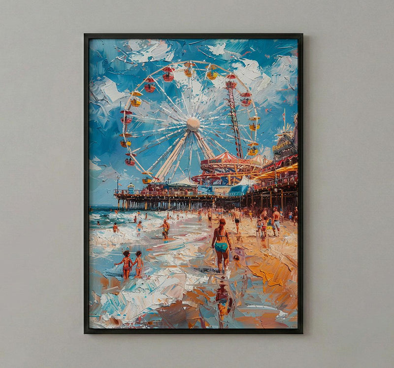 Santa Monica Pier Poster, Lively California Coast City Decor - Giant Ferris Wheel Summer Vibe