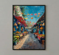 Mexico City Market Art Print, Colorful Cultural Travel Decor - Bright Papel Picado Summer Scene