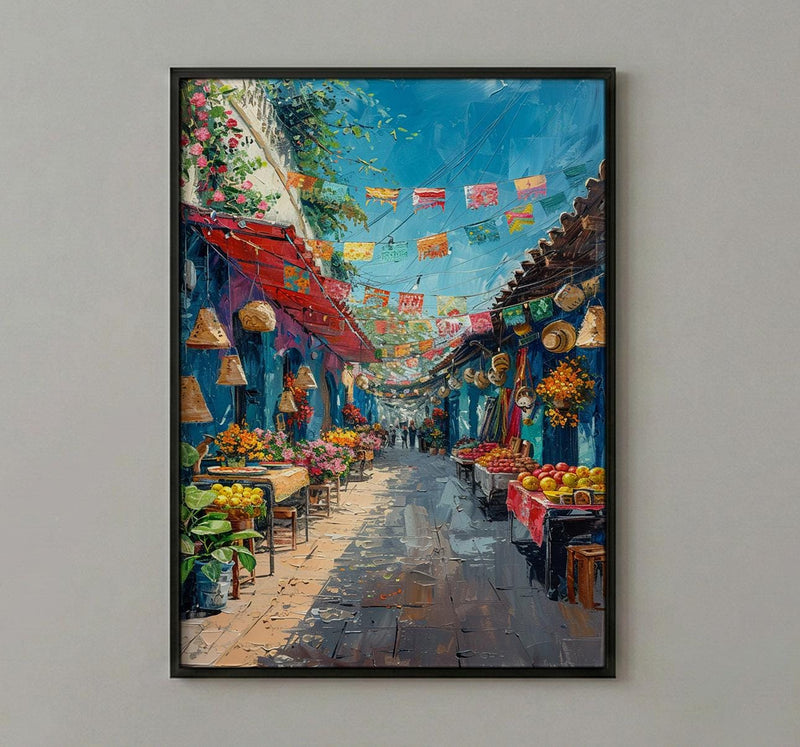Mexico City Market Art Print, Colorful Cultural Travel Decor - Bright Papel Picado Summer Scene