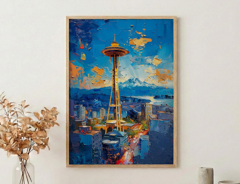 Seattle Space Needle Poster, Washington State City Skyline Decor - Mount Rainier Summer View