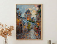 Quebec City Castle Poster, Historic Canadian Architecture Travel Decor - Cobblestone Street Summer View