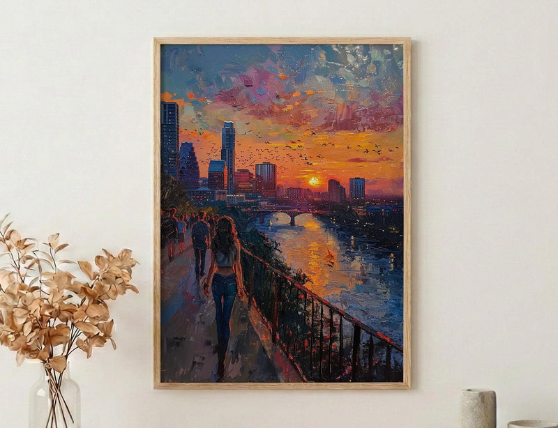 Austin City Skyline Art Print, Texas Summer Night Decor - Golden Sunset River Landscape