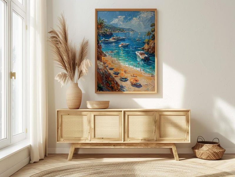 French Riviera Poster, Ocean Yacht Decor - Striped Umbrella Art