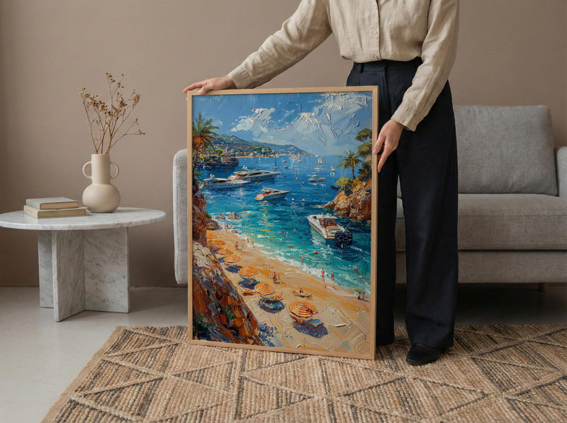 French Riviera Poster, Ocean Yacht Decor - Striped Umbrella Art