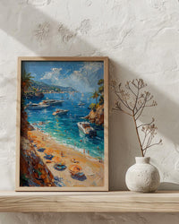 French Riviera Poster, Ocean Yacht Decor - Striped Umbrella Art