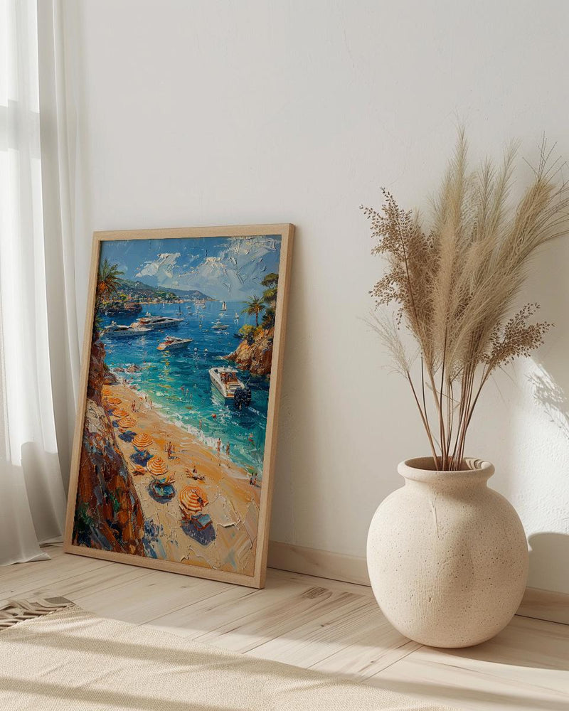 French Riviera Poster, Ocean Yacht Decor - Striped Umbrella Art
