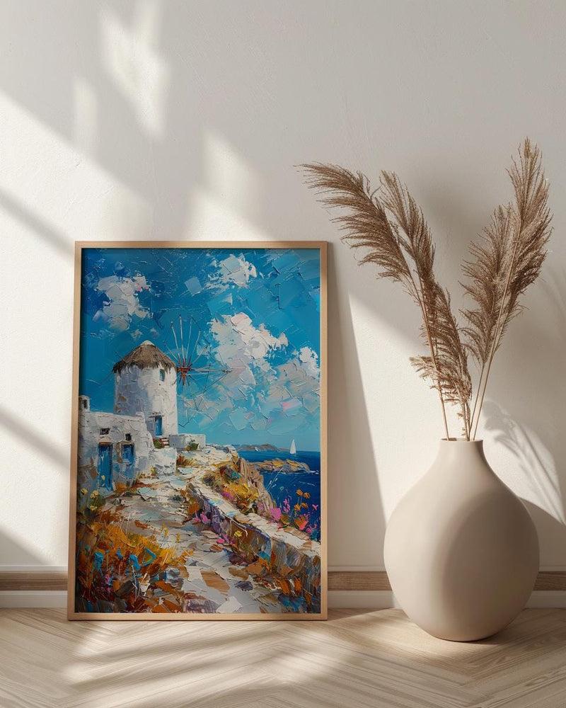Mykonos Windmill Poster, Greece Decor - Golden Hour Art Print