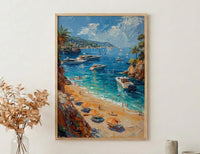French Riviera Poster, Ocean Yacht Decor - Striped Umbrella Art