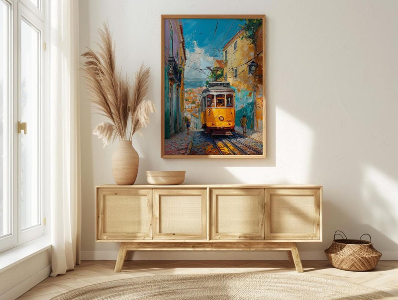 Lisbon Tram Art Print, Portugal City Decor - Cobblestone Street