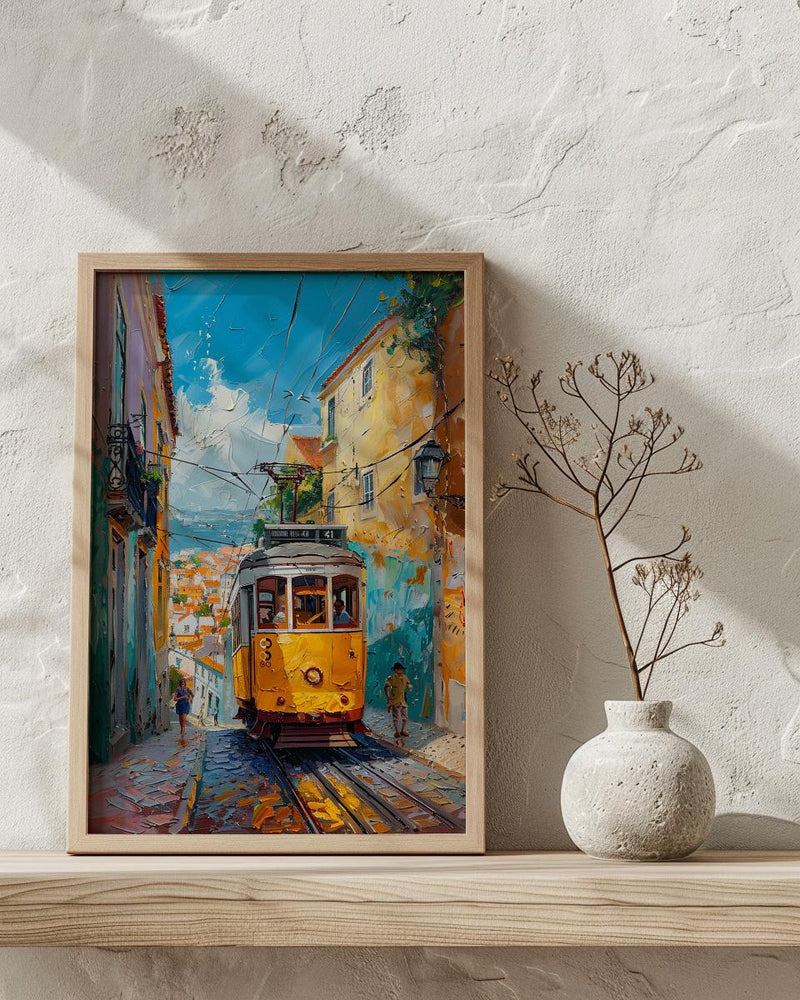 Lisbon Tram Art Print, Portugal City Decor - Cobblestone Street
