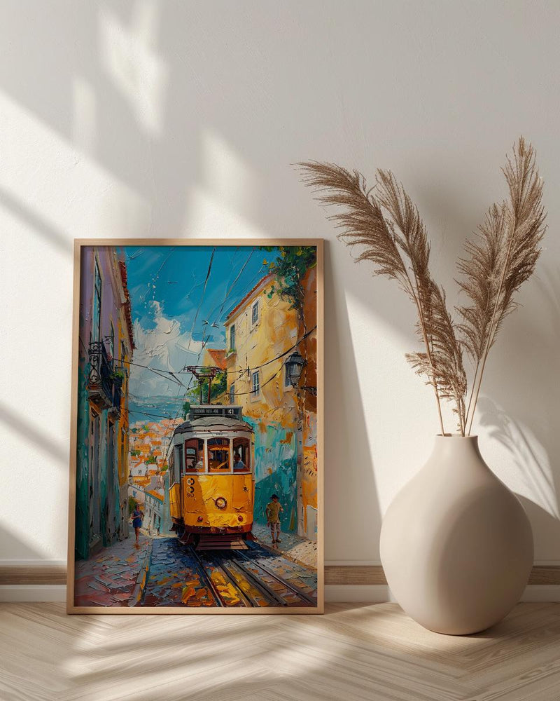 Lisbon Tram Art Print, Portugal City Decor - Cobblestone Street