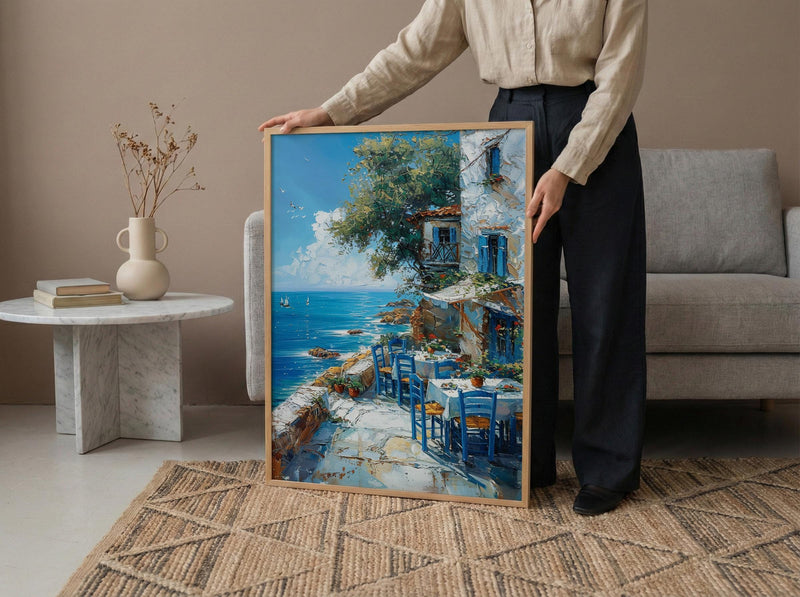 Greek Taverna Art, Greece Ocean Decor - Blue Chair Poster