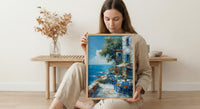 Greek Taverna Art, Greece Ocean Decor - Blue Chair Poster