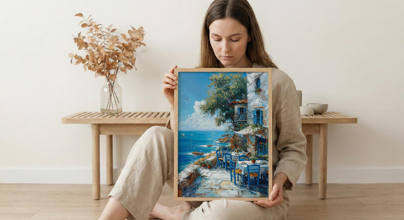 Greek Taverna Art, Greece Ocean Decor - Blue Chair Poster