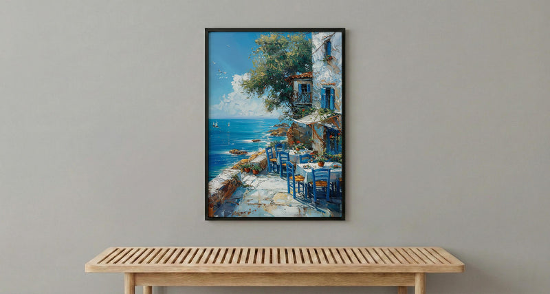 Greek Taverna Art, Greece Ocean Decor - Blue Chair Poster