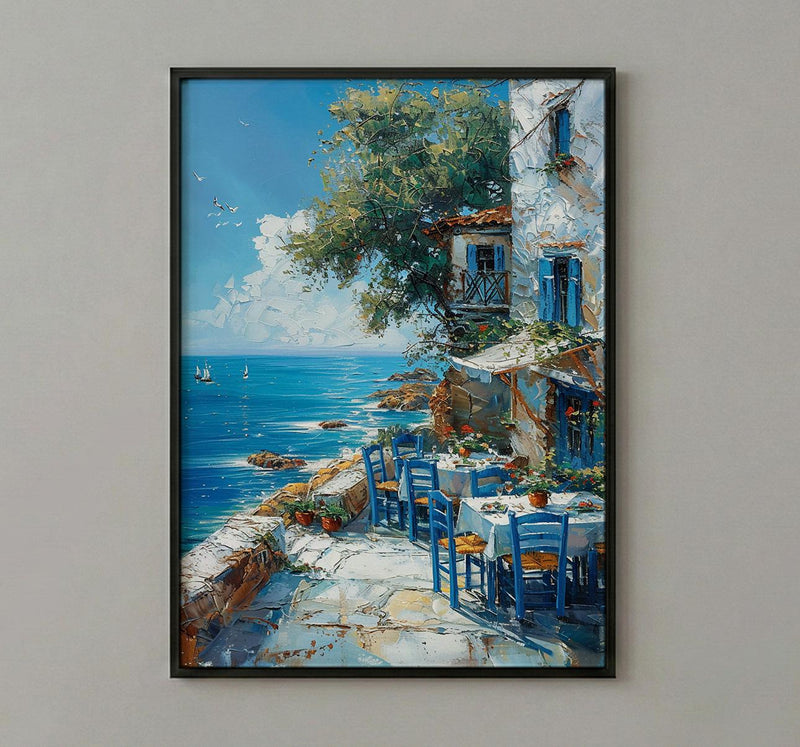 Greek Taverna Art, Greece Ocean Decor - Blue Chair Poster