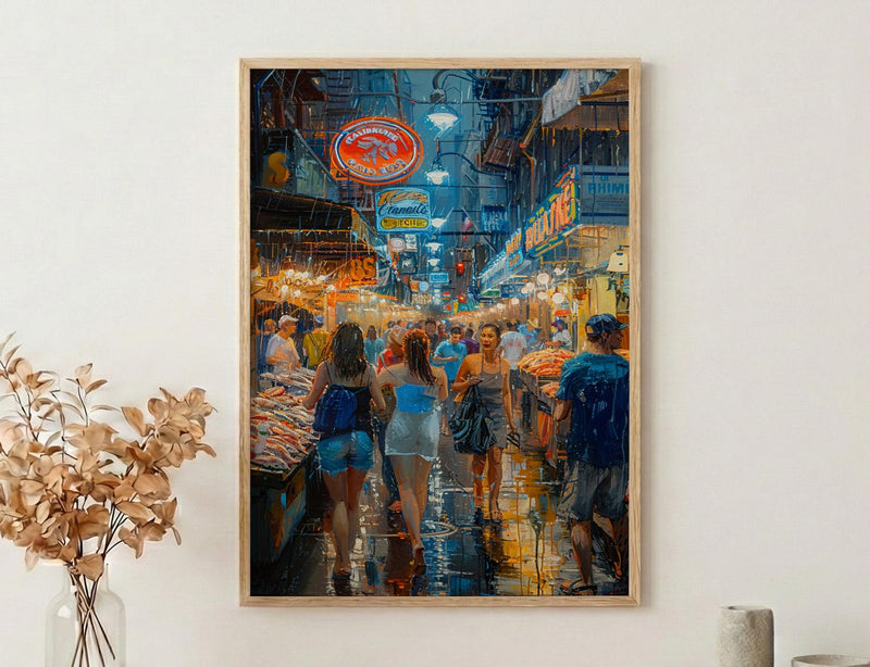 Seattle Pike Place Market Poster, Washington City Travel Decor - Glowing Neon Summer Sign