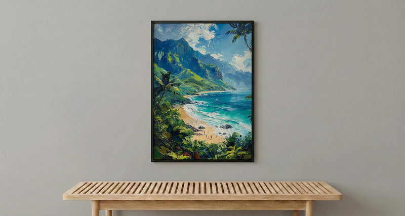 Kauai Hanalei Bay Wall Art, Lush Tropical Island Decor - Majestic Green Mountain Summer Ocean