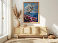 Nantucket Sailboat Harbor Poster, Preppy East Coast Summer Decor - Vibrant Pink Hydrangea Ocean View