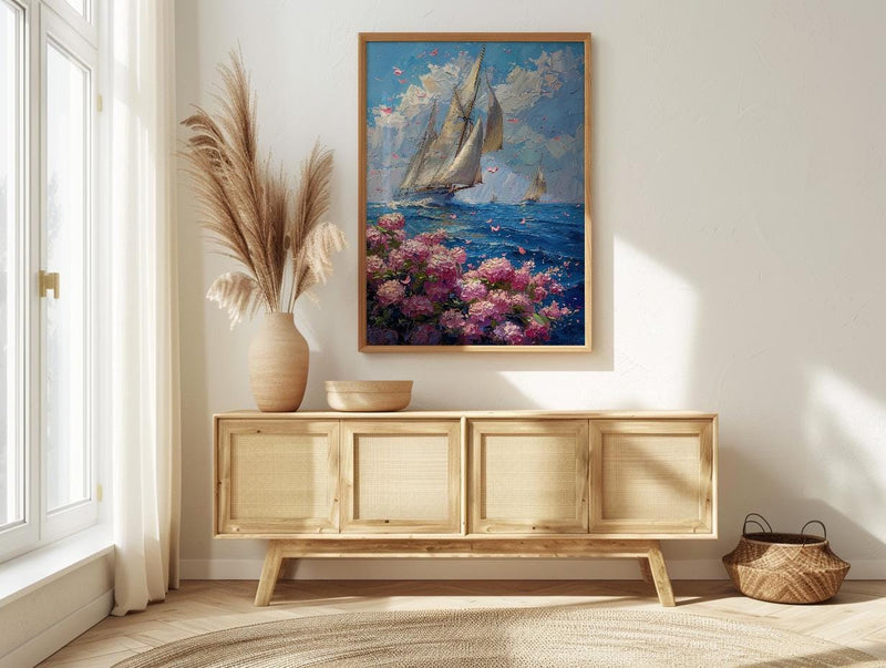 Nantucket Sailboat Harbor Poster, Preppy East Coast Summer Decor - Vibrant Pink Hydrangea Ocean View