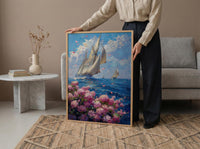 Nantucket Sailboat Harbor Poster, Preppy East Coast Summer Decor - Vibrant Pink Hydrangea Ocean View