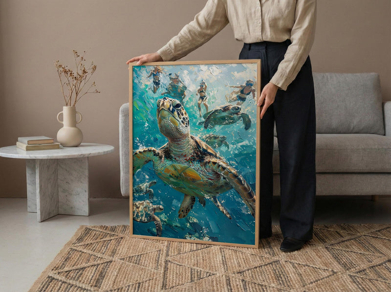 Maui Sea Turtle Wall Art, Tropical Hawaii Ocean Decor - Crystal Clear Turquoise Summer Water