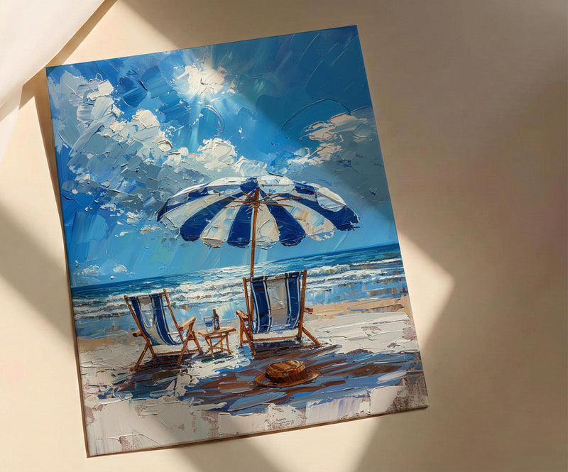 Hamptons Beach Club Art Print, Luxury Coastal Navy Decor - Striped Umbrella Pristine White Sand