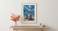 Hamptons Beach Club Art Print, Luxury Coastal Navy Decor - Striped Umbrella Pristine White Sand