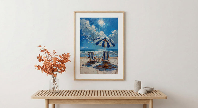 Hamptons Beach Club Art Print, Luxury Coastal Navy Decor - Striped Umbrella Pristine White Sand