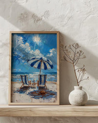 Hamptons Beach Club Art Print, Luxury Coastal Navy Decor - Striped Umbrella Pristine White Sand
